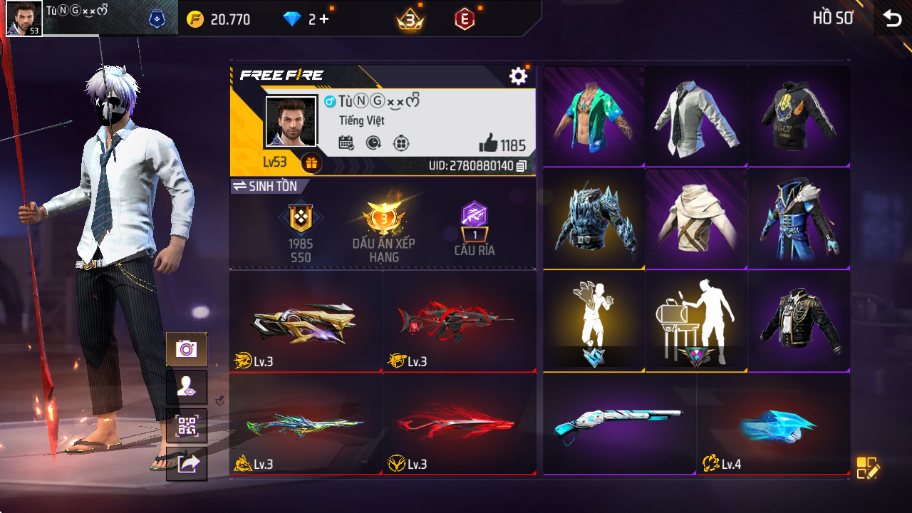 Bán acc Acc Free Fire Giá Rẻ - Level 53 - 4 Súng Nâng & Nắm Đấm Băng - Cực Phẩm Đồ Thời Trang